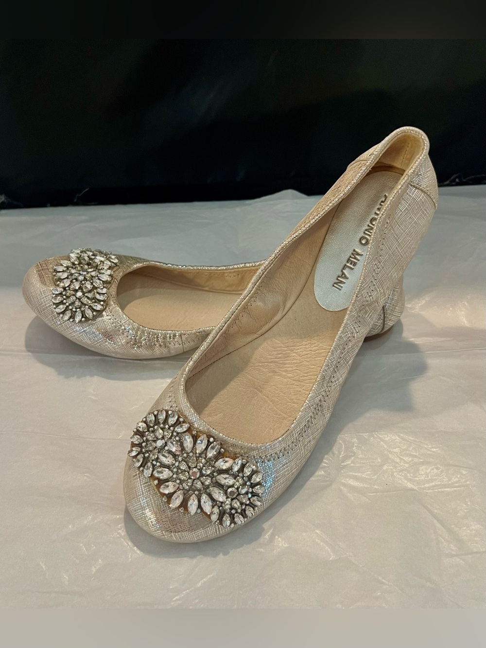 Antonio Melani Metallic Champagne Leather Ballet Flats With Rhinestone Detail...